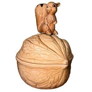 Vintage Squirrel 70s Cottage core Lidded Walnut Nut Candy Ceramic Dish Japan MCM